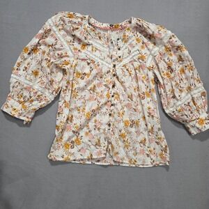 Anthropologie Floral Peasant Blouse Lace Trim Boho Cottagecore Top XS Womens7